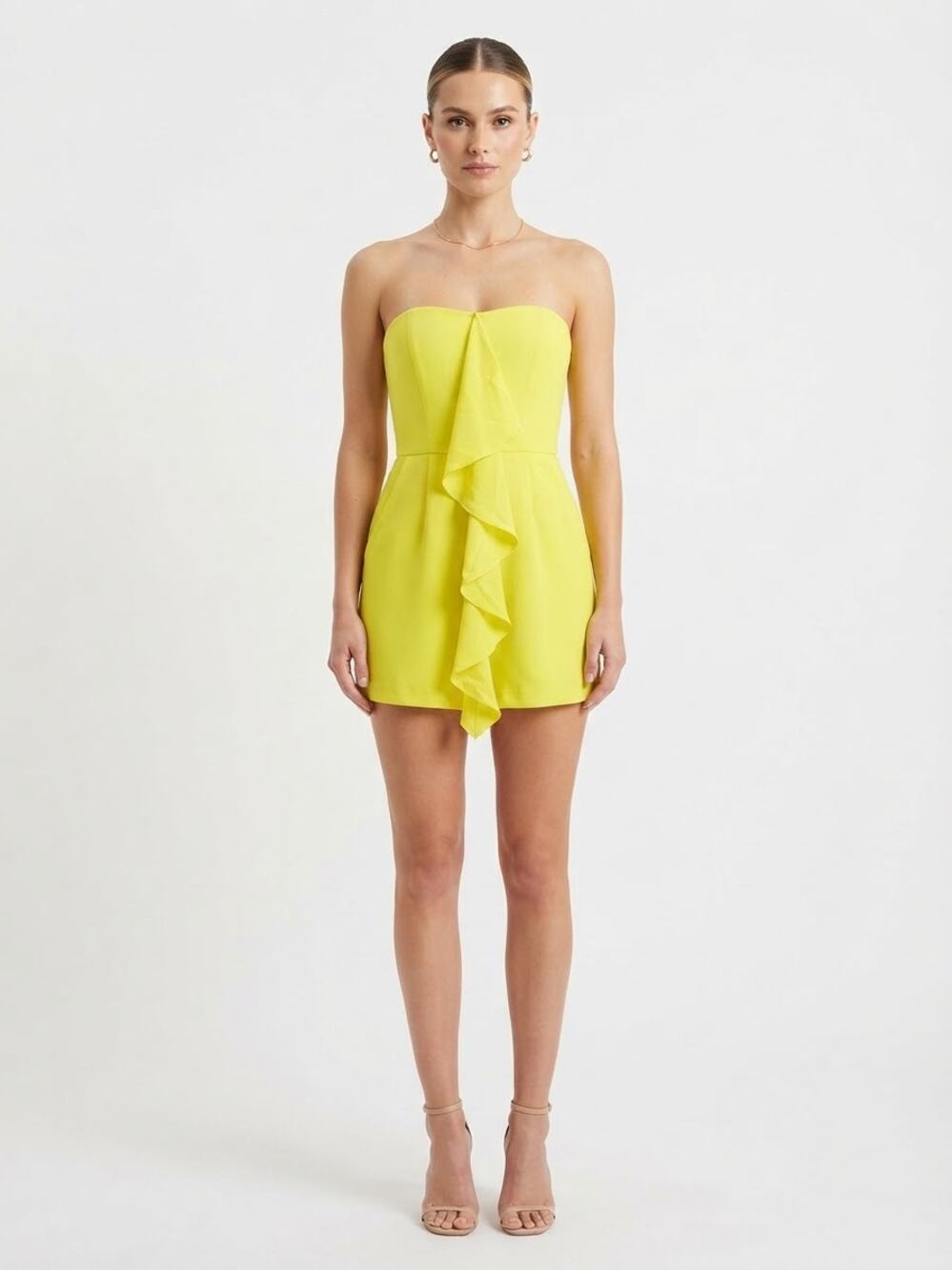 BCBGMAXAZRIA Runway Women Yellow Mina Dress Size 0 Strapless Ruffle Cocktail
